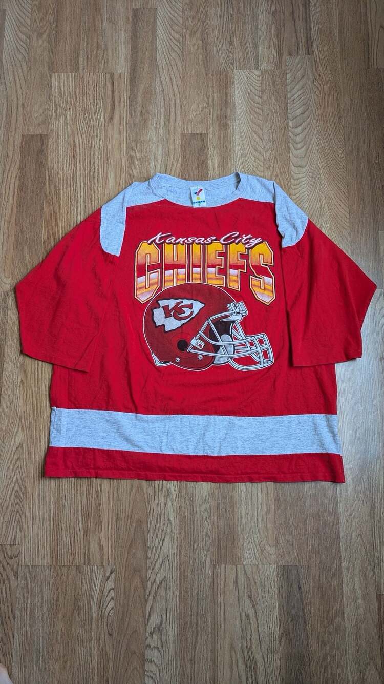 VTG Artex Sportswear Kansas City Chiefs Red Gray 3/4-Sleeve T-Shirt 90s XL